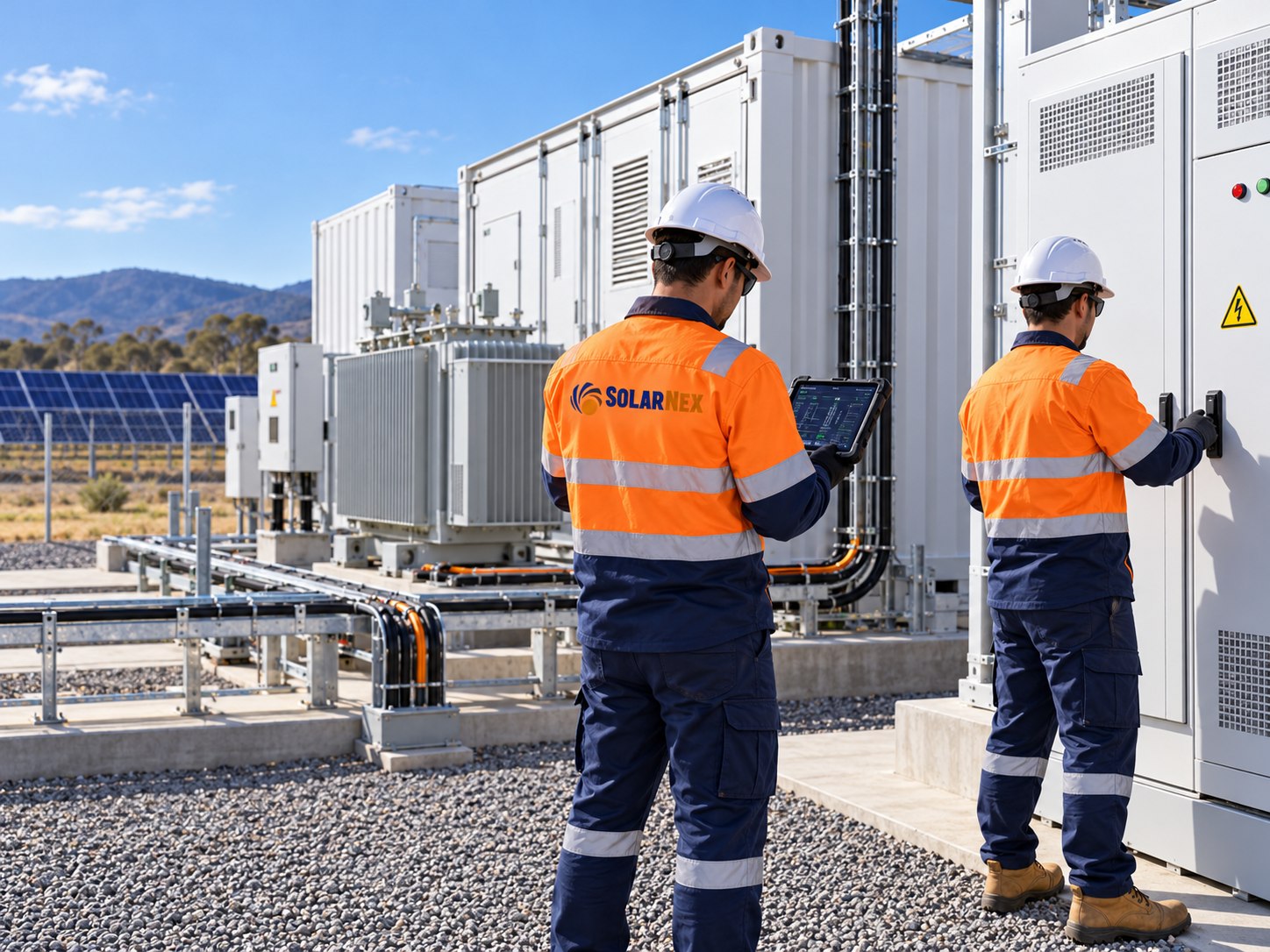 SolarNex technicians inspecting BESS and electrical equipment