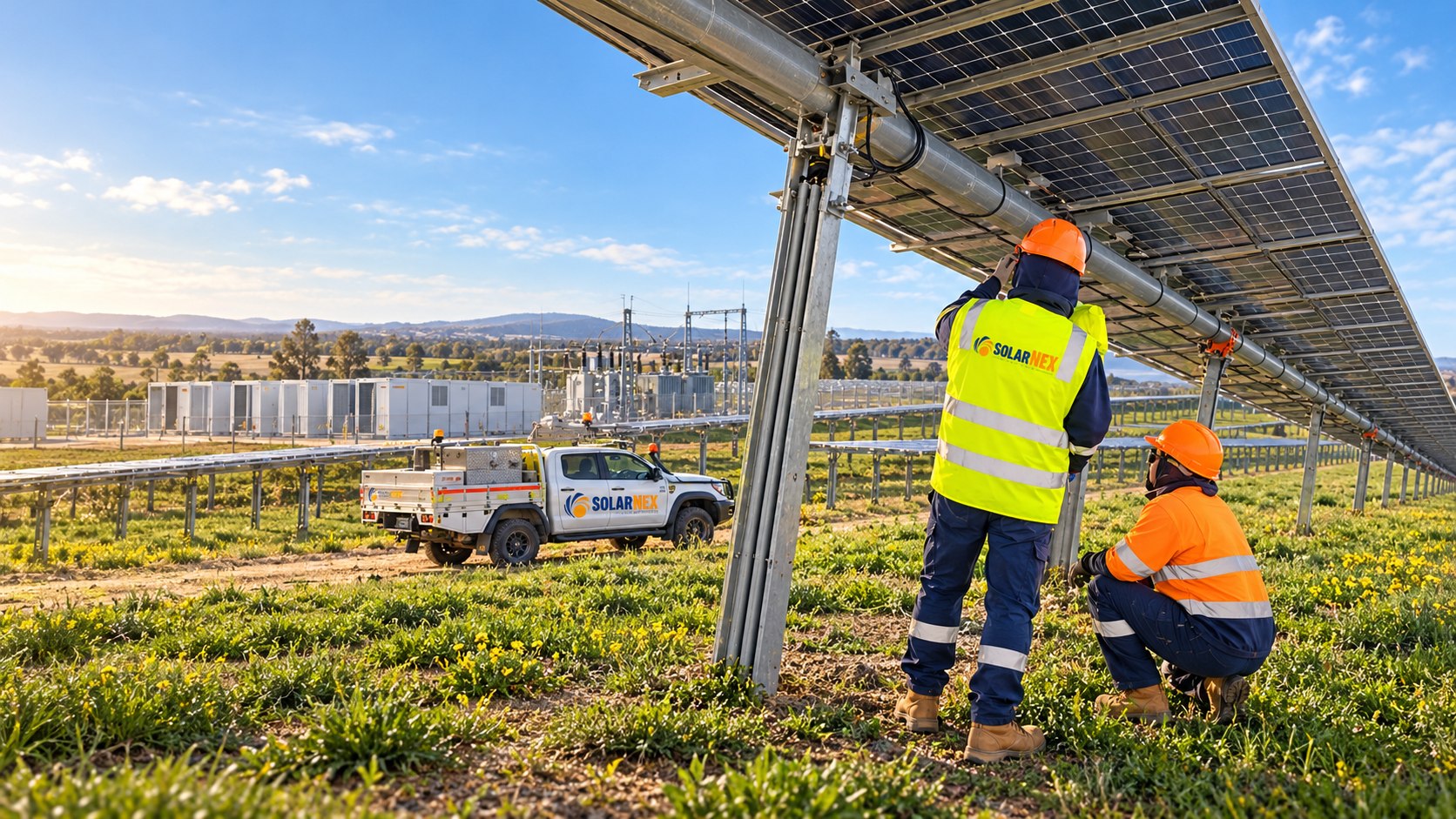 SolarNex technicians servicing tracker equipment at an Australian solar and battery power plant