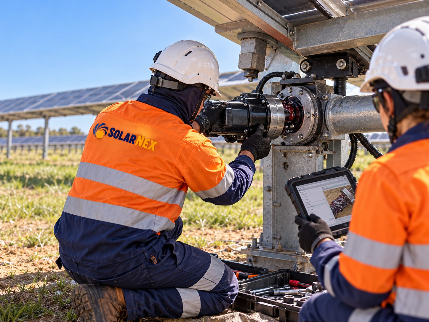 SolarNex technicians repairing a solar tracker drive motor